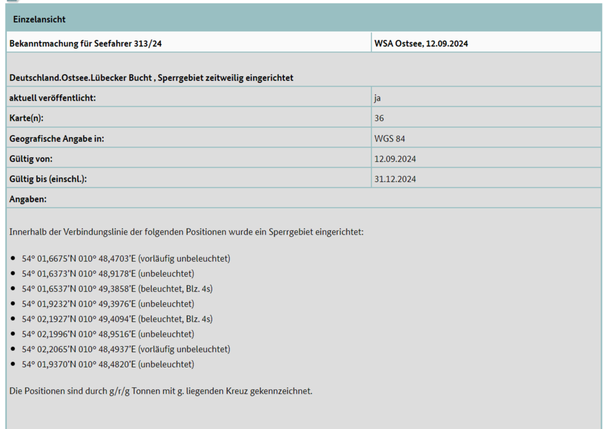 Bekanntmachung für Seefahrer